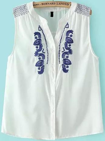 Romwe Sleeveless With Buttons Embroidered Top