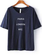 Romwe Paris London Nyc Print Hollow Navy T-shirt