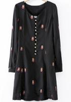Romwe Black Long Sleeve Embroidered Buttons Dress
