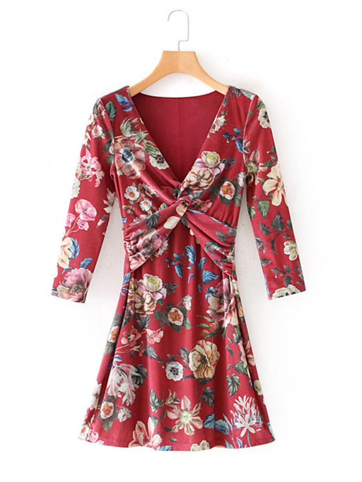 Romwe Floral Print Twist Velvet Dress