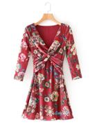 Romwe Floral Print Twist Velvet Dress