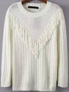 Romwe Long Sleeve Fringe White Sweater