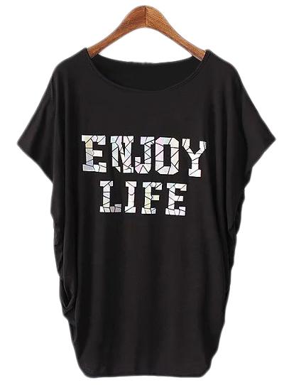 Romwe Black Batwing Sleeve Letter Printed T-shirt