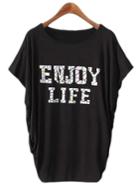 Romwe Black Batwing Sleeve Letter Printed T-shirt