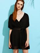 Romwe Black V Neck Sheer Self Tie  Dress