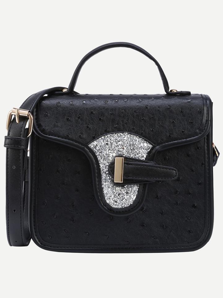 Romwe Faux Ostrich Leather Handbag With Strap - Black