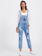 Romwe Embroidered Patch Ripped Overalls