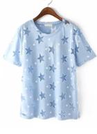 Romwe With Sheer Mesh Star Pattern Blue T-shirt