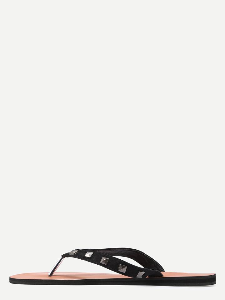Romwe Black Studs Pu Flip Flops