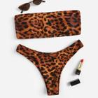 Romwe Leopard Bandeau Top With High Leg Bikini Set