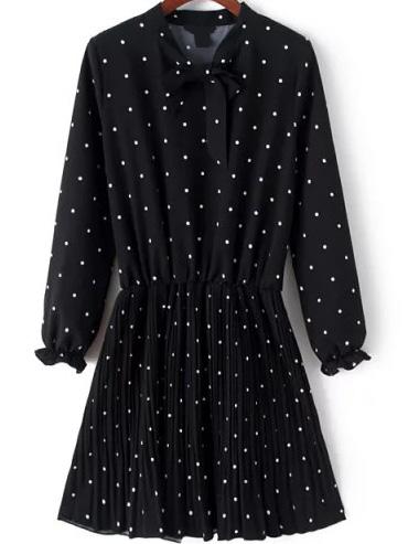 Romwe Polka Dot Bow Pleated Dress