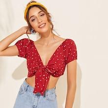 Romwe Heart Print Tie Front Crop Blouse