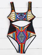 Romwe Tribal Print Cutout Detail One-piece Swimwear