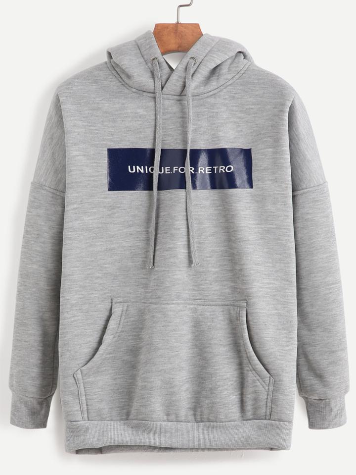 Romwe Grey Letter Print Drop Shoulder Hooded Sweatshirt