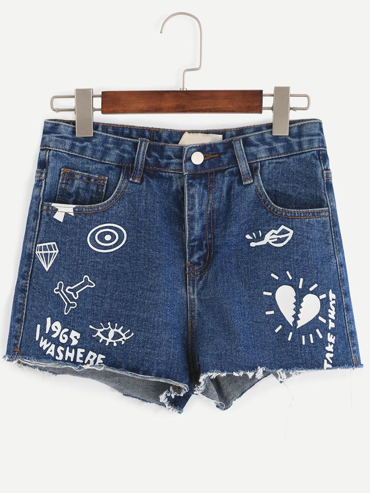 Romwe Blue Letter Print Denim Shorts