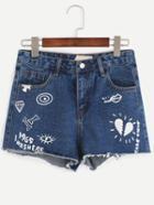 Romwe Blue Letter Print Denim Shorts