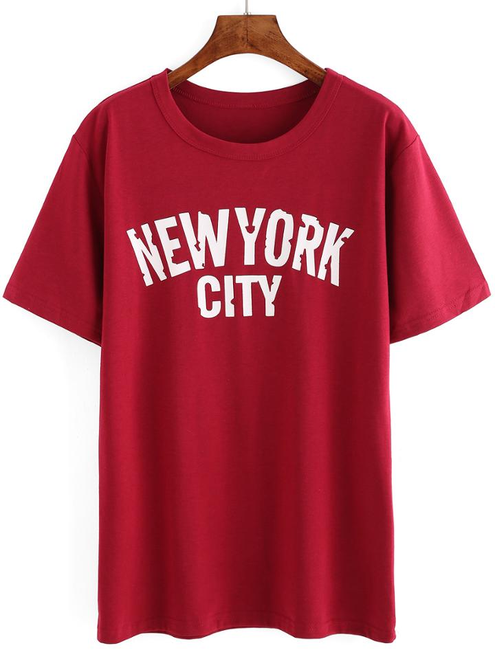 Romwe Letter Print Burgundy T-shirt