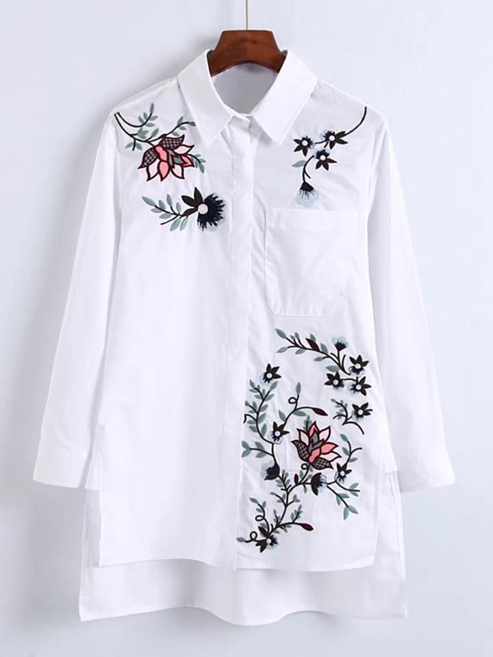 Romwe High Low Split Side Embroidery Blouse
