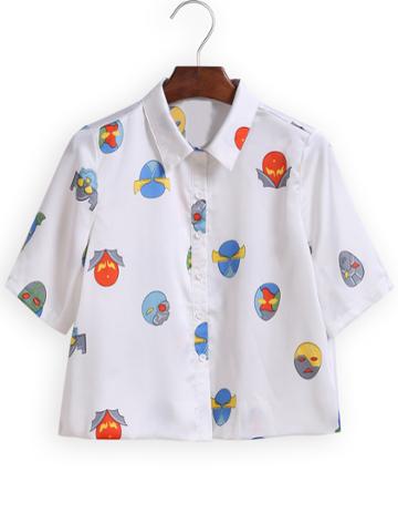 Romwe Lapel Aliens Print Blouse