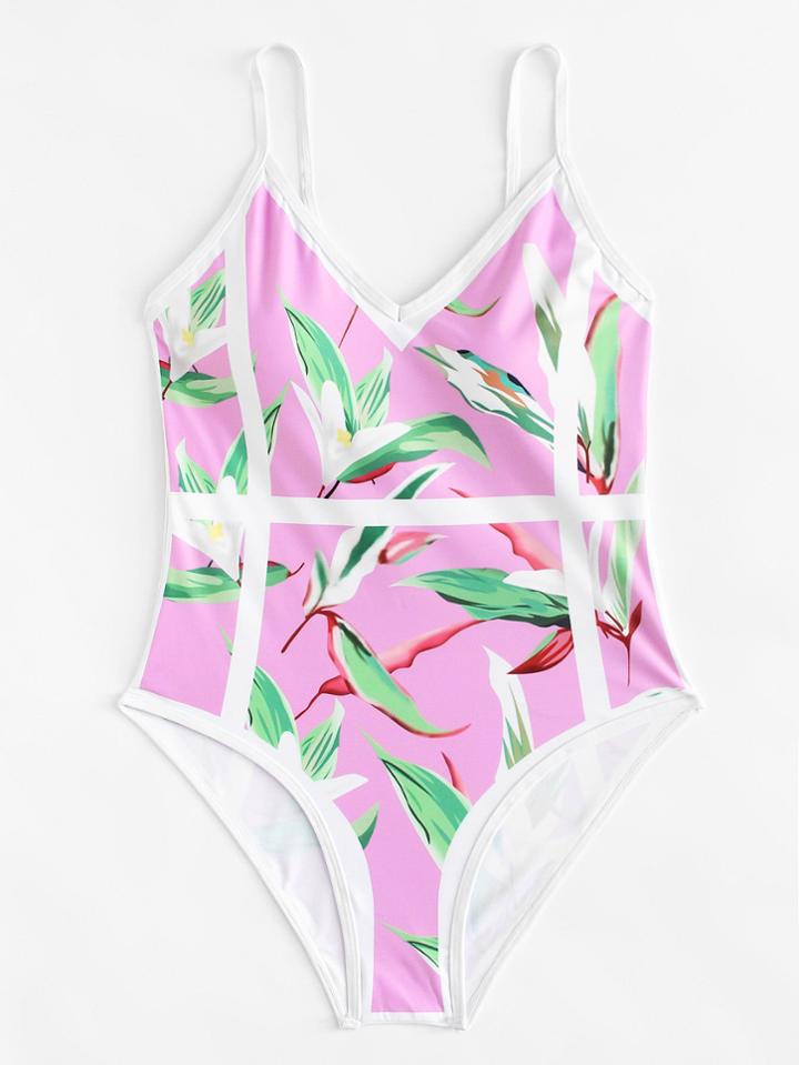 Romwe Floral Print Open Back Swimsuit
