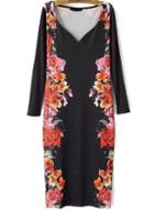 Romwe Black V Neck Long Sleeve Floral Dress