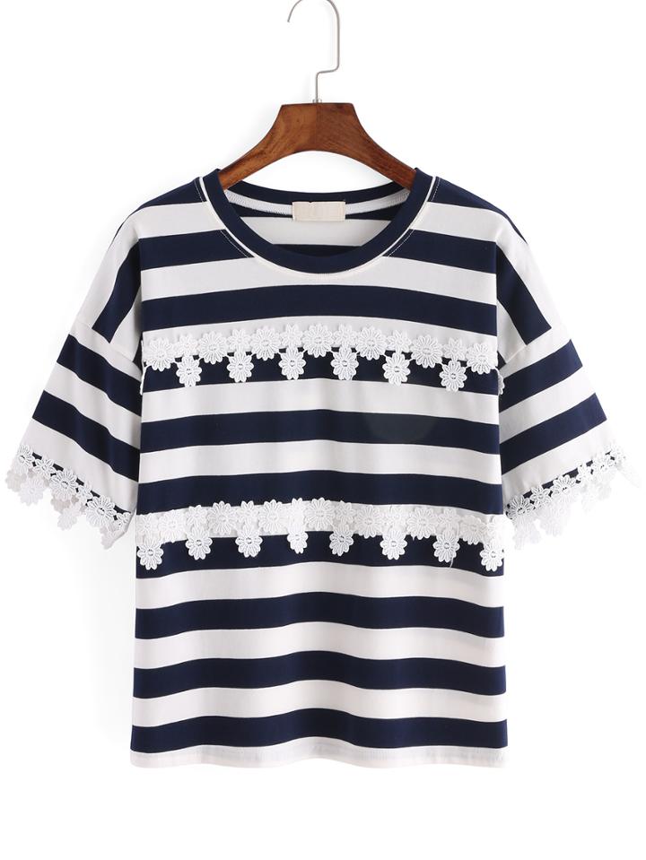 Romwe Striped Crochet Navy T-shirt