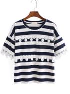 Romwe Striped Crochet Navy T-shirt