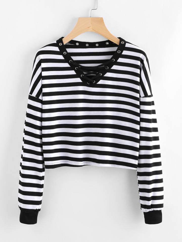 Romwe Eyelet Lace Up Neck Striped T-shirt