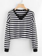 Romwe Eyelet Lace Up Neck Striped T-shirt