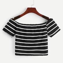 Romwe Striped Frill Detail Crop Tee