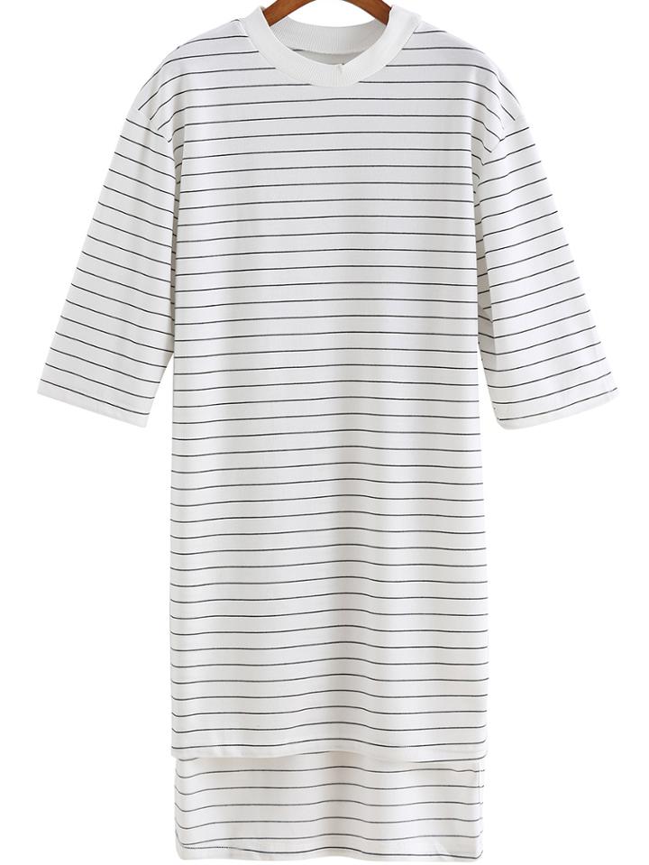 Romwe Striped High Low White Dress