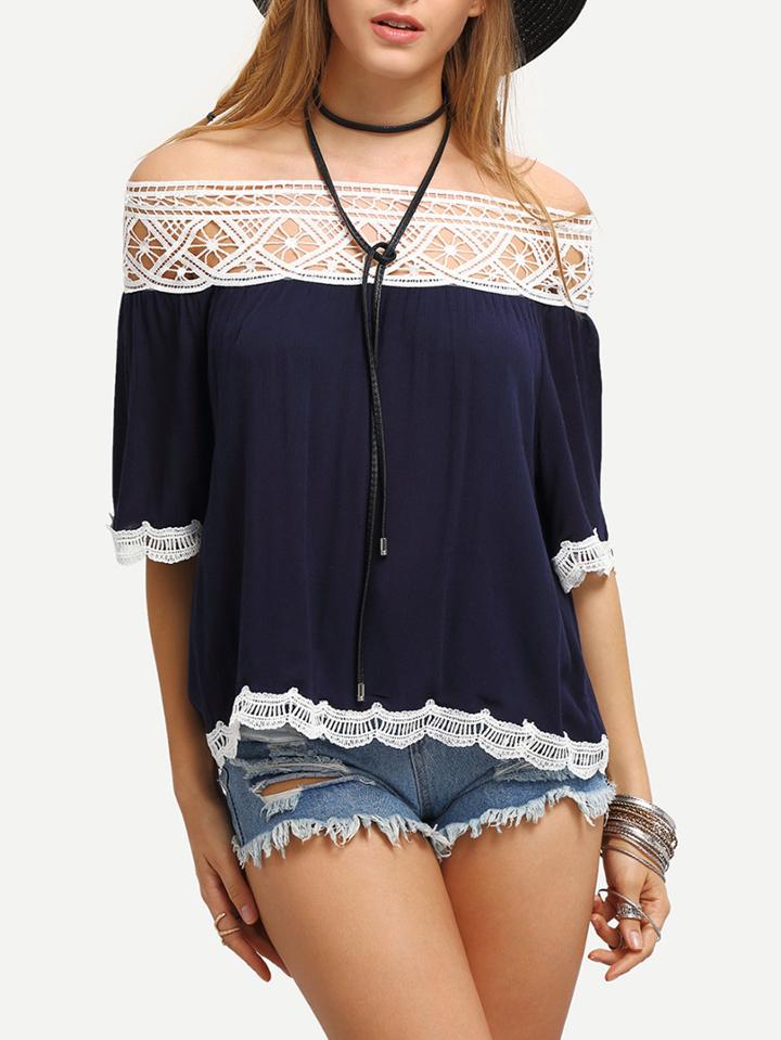 Romwe Off-the-shoulder Contrast Lace Tirmmed Blouse