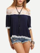 Romwe Off-the-shoulder Contrast Lace Tirmmed Blouse