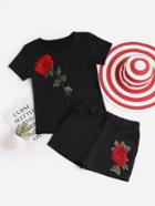 Romwe Rose Appliques Tee With Shorts