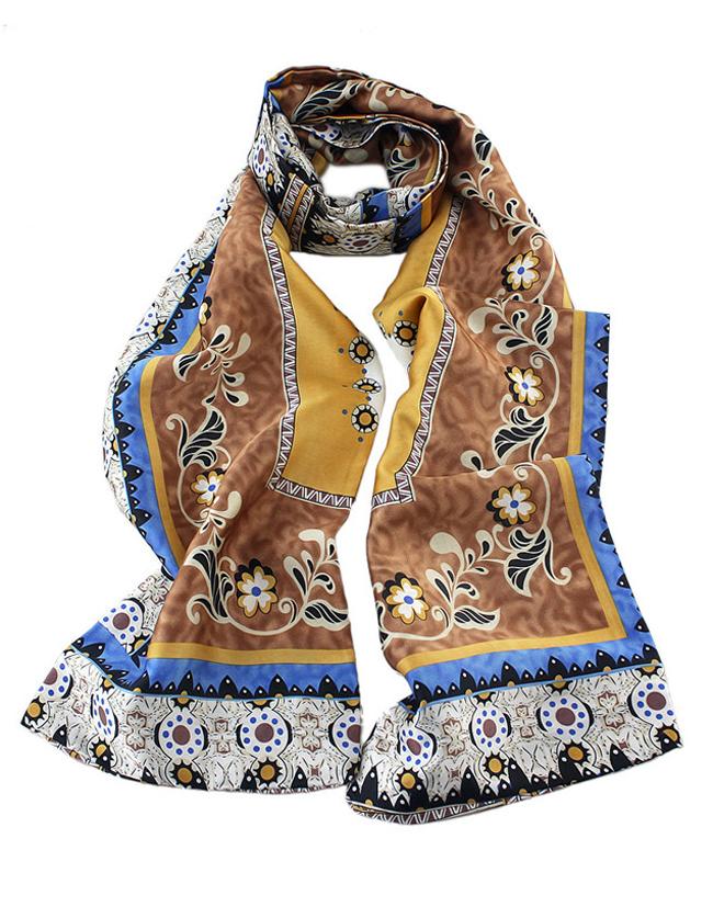 Romwe Latest Designs Bohemian Aulic Style Coffee Flower Printed Silk Scarf