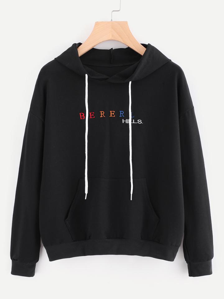 Romwe Letter Embroidered Kangaroo Pocket Hoodie