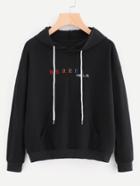 Romwe Letter Embroidered Kangaroo Pocket Hoodie