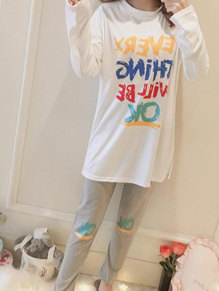 Romwe Letter Print Tee & Marled Pants Pj Set