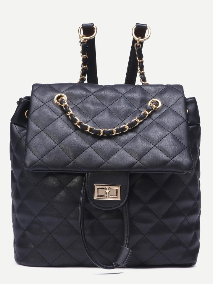 Romwe Black Quilted Drawstring Flap Backpack