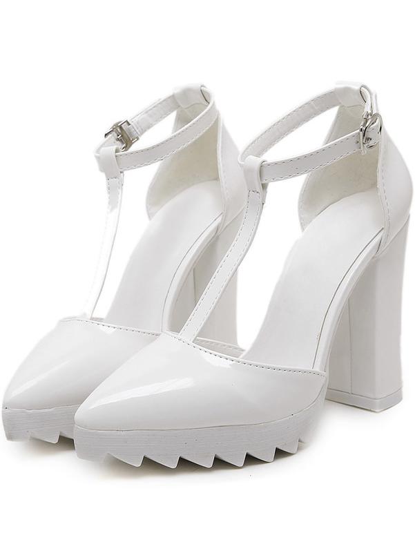 Romwe White Pointed Toe T Strap Patent Leather Pumps