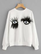 Romwe Faux Fur Eyes Print Drop Shoulder Sweatshirt