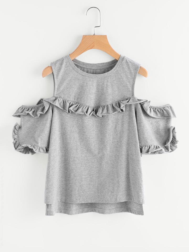 Romwe Frilled Trim Open Shoulder Stepped Hem Heathered Tee