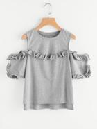Romwe Frilled Trim Open Shoulder Stepped Hem Heathered Tee