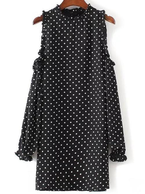 Romwe Black Polka Dot Open Shoulder Ruffle Trim Dress