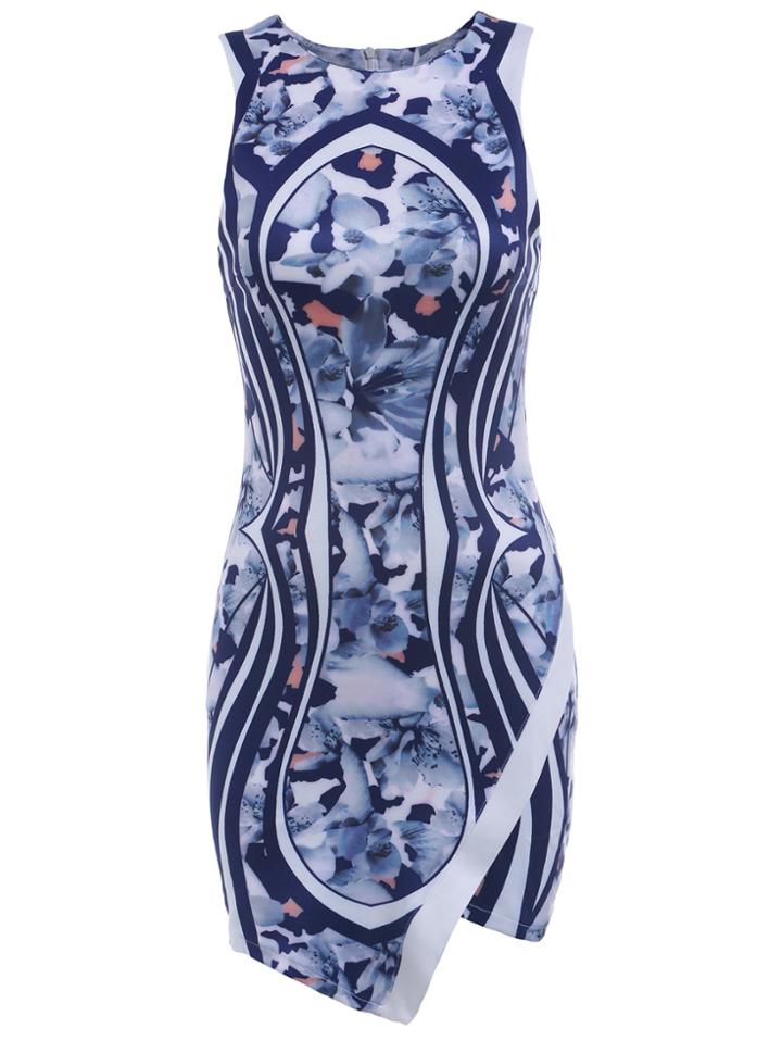 Romwe Sleeveless Flower Print Wraped Dress
