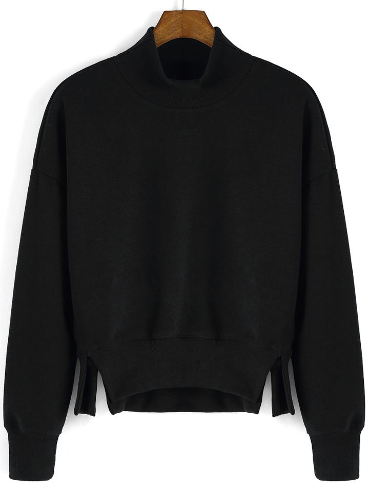 Romwe Turtleneck Slit Dip Hem Black Sweatshirt