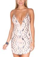Romwe Deep V Neck Sequined Bodycon Pink Dress