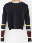 Romwe Navy Color Block Sleeve Crop Sweater