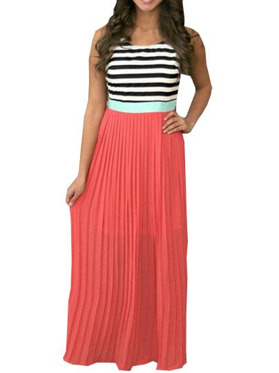 Romwe Cutout Striped Top Pleated Long Dress