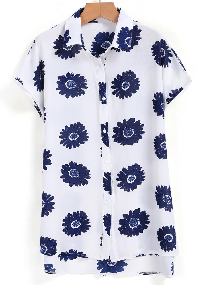 Romwe Dip Hem Chrysanthemum Print Blue Blouse
